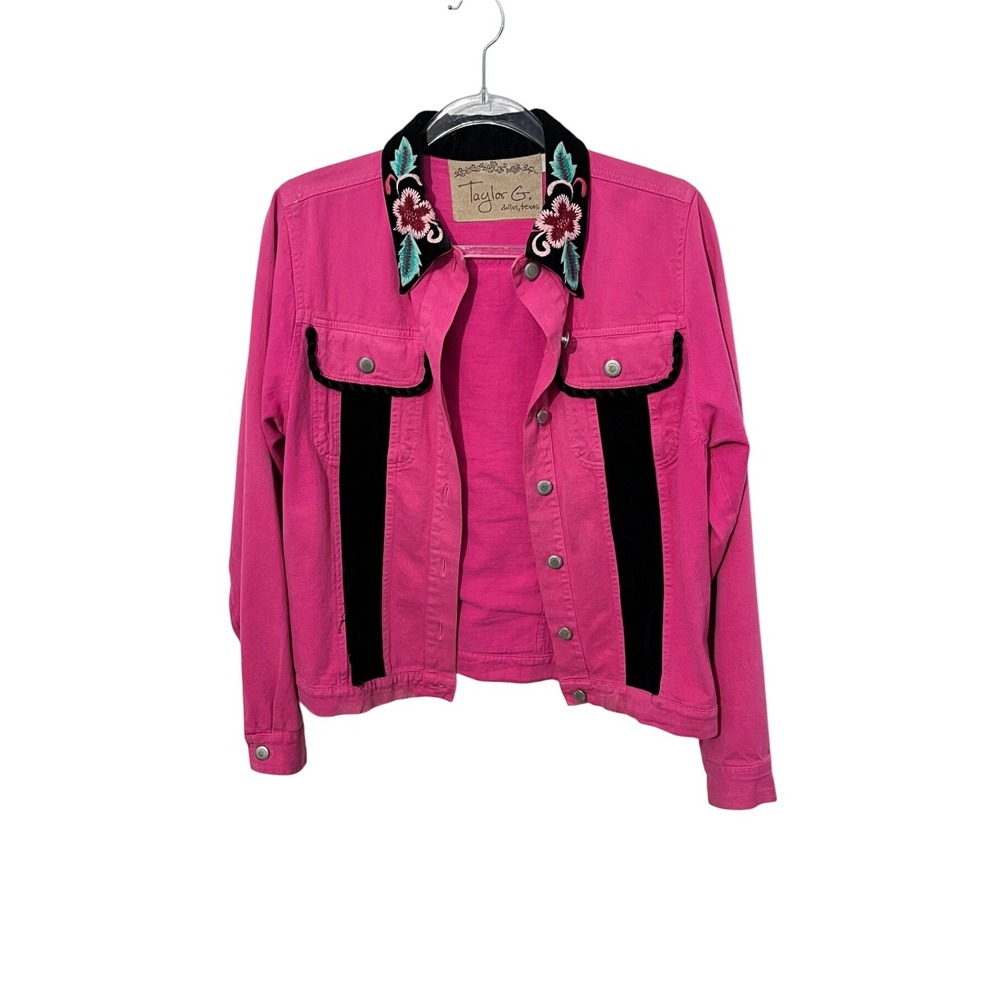 Taylor G Denim Jacket Womens Medium Pink Embroidered Velvet Western Dallas Texas